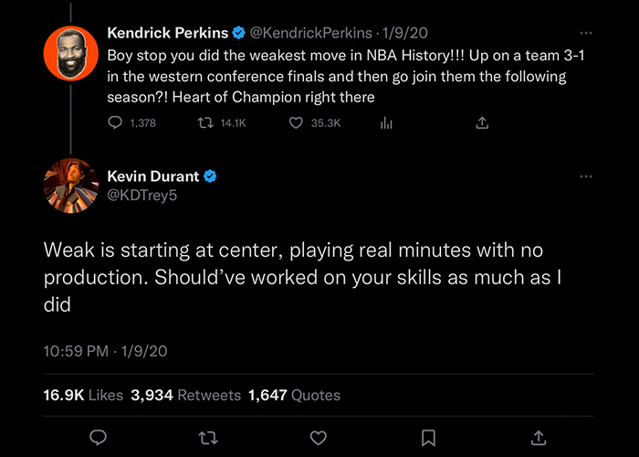 Kevin Durant argues with Kendrick Perkins