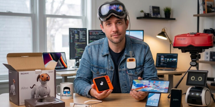 A man at a desk with failed tech products like Apple Vision Pro, Rabbit R1, and Amazon Astro for DorkDesk.