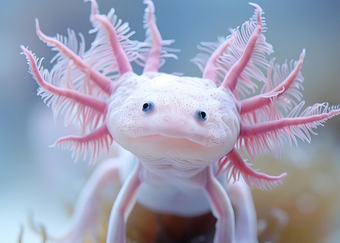A frontal close-up portrait of a leucistic (white) axolotl staring directly at the camera with pale blue eyes, showcasing its extensive, delicate, frilly pink external gills in an aquatic setting.