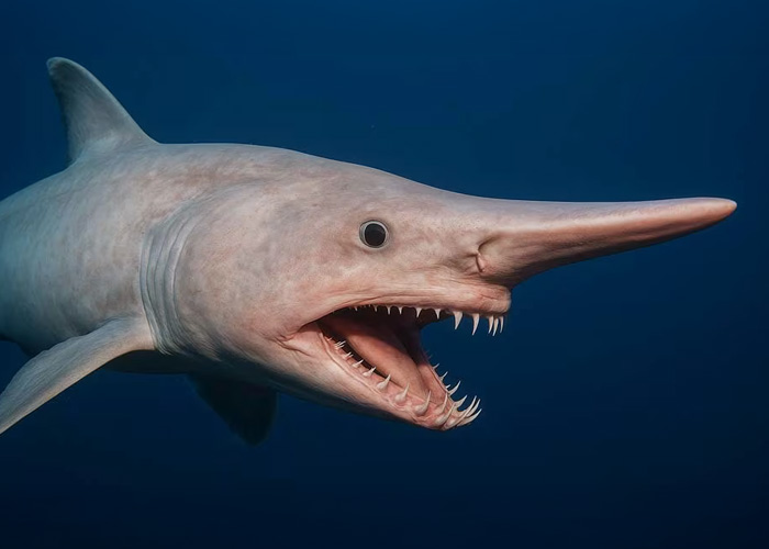 A Goblin Shark swimming in the deep blue ocean with its mouth open, showcasing its elongated, pointed snout and protruding jaw filled with needle-like teeth—widely considered one of the weirdest animals in the world.