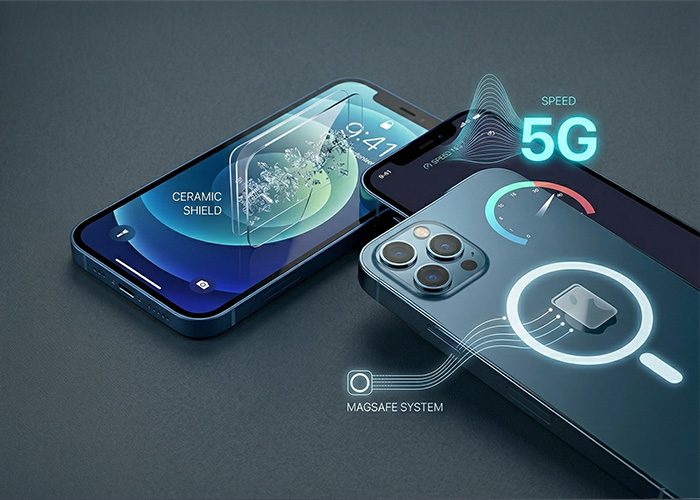 An iPhone 12 is shown with the display highlighting that 5G was added with this model. 