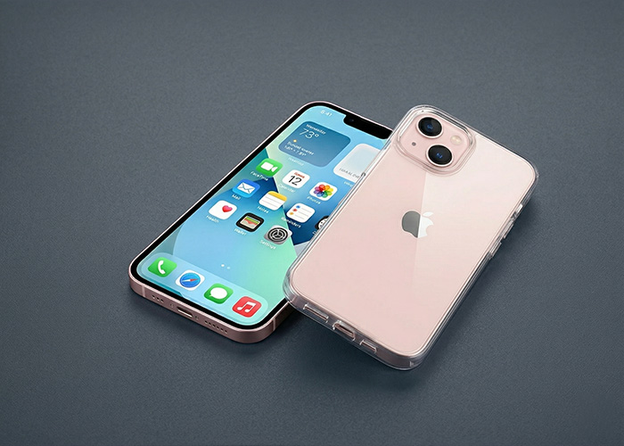 Two phones sit stacked on top of each other. One is showing the back and the other is showing the front. 