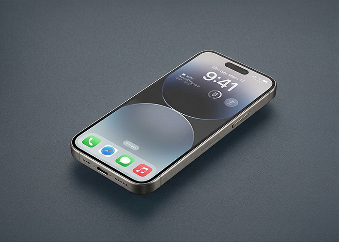 An iPhone 15 is shown with a titanium case and the display is showing a homepage with icons at the bottom.