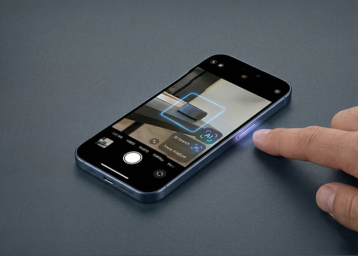 An iPhone 16 is showing and the photo is highlighting the Camera Control button. 