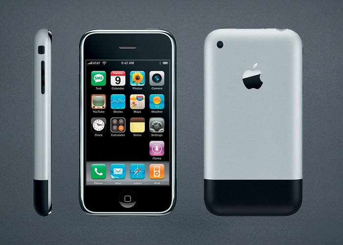 Three different views of an early model phone are shown