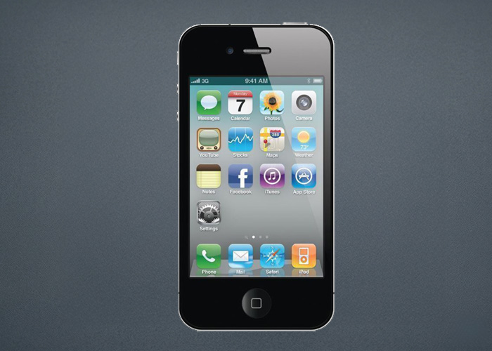 An iPhone 4 is shown and the display is highlight the wallpaper, dock, and various apps. 