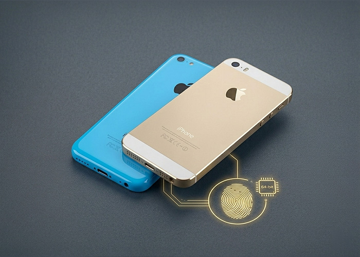 Two iPhones are shown with one in a blue color and the other in gold. 
