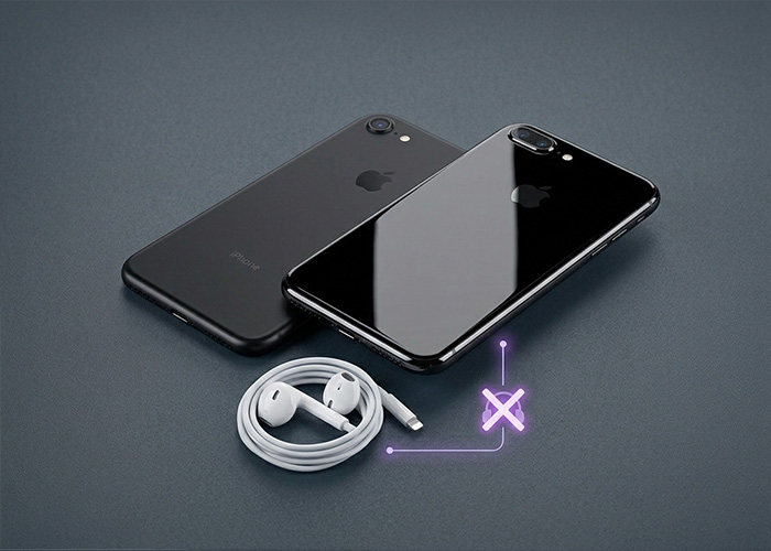 Two black phones are shown with an X over the headphone jack to signify it was removed from this version. 