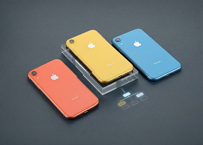 Three phones are places next to each other with very bright colors in orange, yellow, and blue.