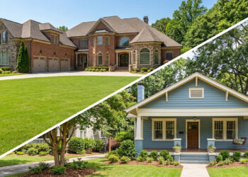 An image with two different homes. One is a large red brick home and the other is a small blue cottage home.