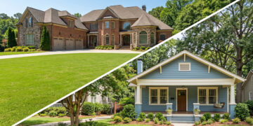 An image with two different homes. One is a large red brick home and the other is a small blue cottage home.