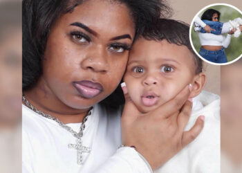 A composite featured image for DorkDesk titled "Mom’s Hilariously Funny Photoshoot With Her Son Goes Viral." The image features three panels: a heartwarming close-up of a Black mother and son, the mom balancing her son on her feet in a gravity-defying pose, and the mom holding her son horizontally like a rifle