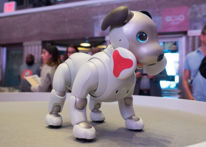 A presentation of a new product with a Sony Aibo robot dog sitting on display with people watching.