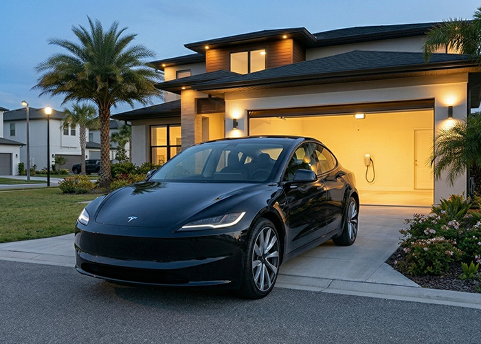 A medium shot of a deep blue 2026 Tesla Model 3 refresh with its full-width front light bar and dark multi-spoke wheels, stopped in the asphalt street roadway near a driveway entrance in Jacksonville, FL at dusk. The vehicle looks toward a modern suburban house with a halfway open garage door spilling warm light. Subtropical landscaping frames the home under the cool blue hour sky. There is no holographic UI overlay on the photo