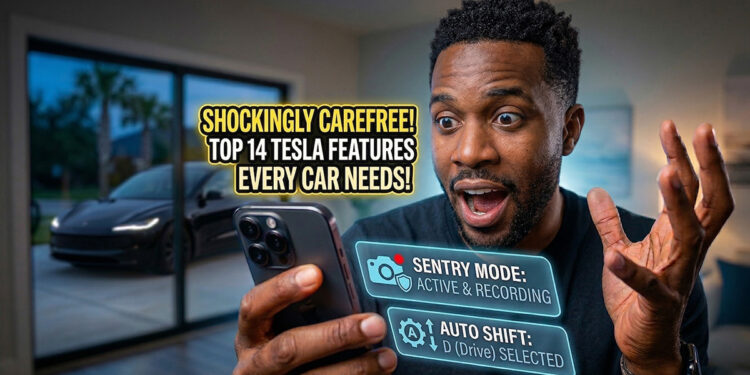 A handsome Black man looks shocked and excited at his smartphone, which displays holographic UI bubbles for 'Sentry Mode: Active' and 'Auto Shift: Drive Selected.' In the background, a sleek black 2026 Tesla Model 3 is parked at dusk. Bright yellow headline text reads: 'SHOCKINGLY CAREFREE! TOP 14 TESLA FEATURES EVERY CAR NEEDS!'
