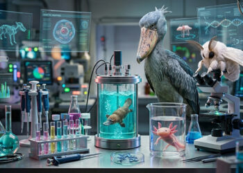 Shoebill stork, axolotl, and platypus in a futuristic bio-engineering lab with holographic DNA displays.