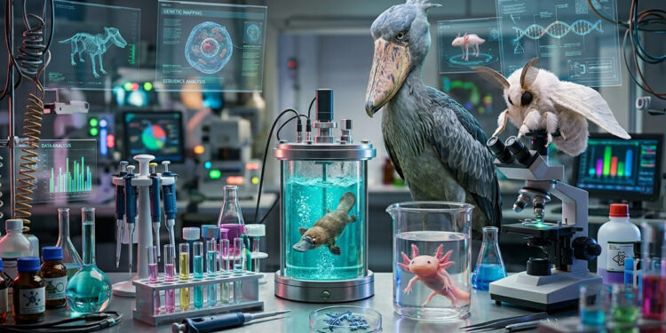 Shoebill stork, axolotl, and platypus in a futuristic bio-engineering lab with holographic DNA displays.