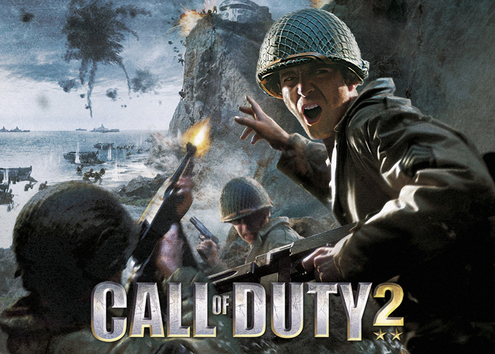 Call of Duty 2 video game poster featuring soldiers in a war scene.