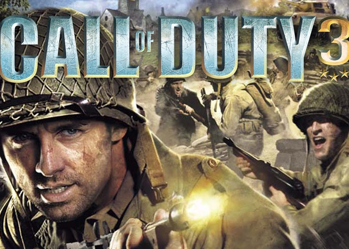 Call of Duty 3 video game poster with soldiers in a war scene.