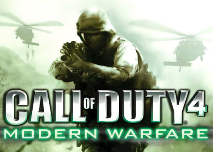 Call of duty 4 Modern Warfare poster with a solder in green camouflage flanked by two helicopters.