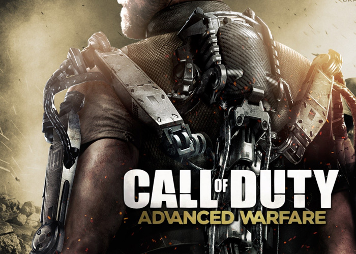 Call of Duty Advanced Warfare video game poster featuring a soldier with an exoskeleton strapped to his back.