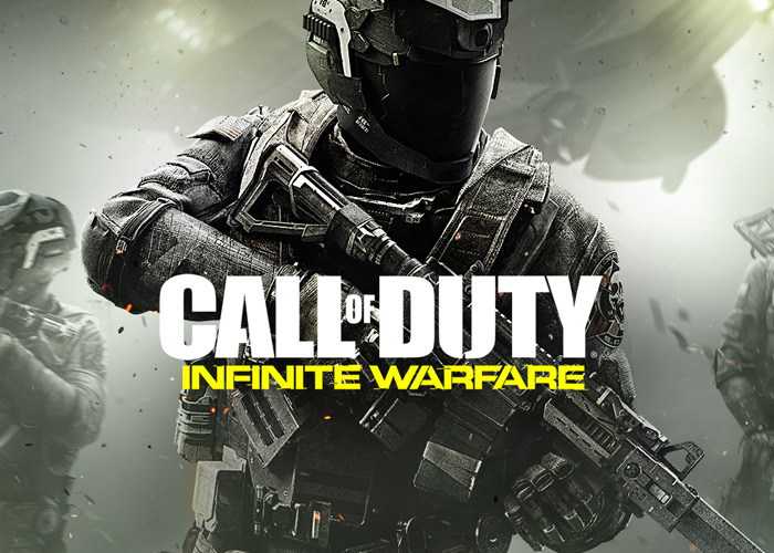 Call of Duty Infinite Warfare video game poster with a soldier wearing a helmet and carrying a weapon.