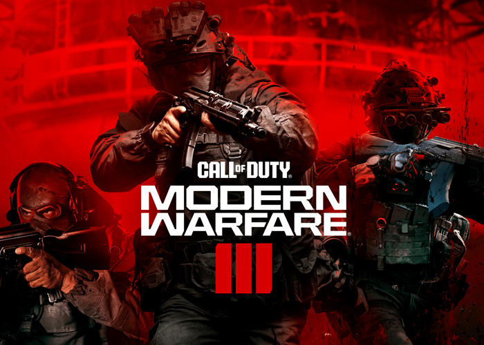 Call of Duty Modern Warfare 3 video game poster featuring three soldiers on a red background.