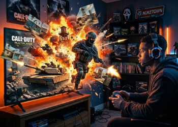Young Black gamer playing Call of Duty multiplayer as explosive 3D action, including a soldier and tank, bursts out of his TV screen.
