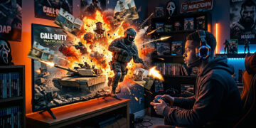 Young Black gamer playing Call of Duty multiplayer as explosive 3D action, including a soldier and tank, bursts out of his TV screen.