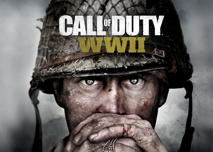 Call of Duty World War 2 video game poster featuring a close up of a white soldier wearing a helmet.