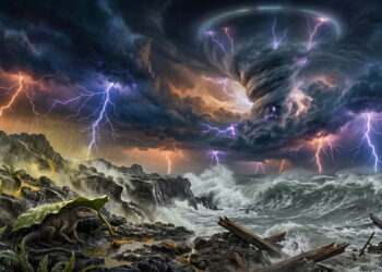 A prehistoric reptile seeks shelter under a large leaf on a jagged shoreline during a massive supercell storm with intense lightning and crashing ocean waves.