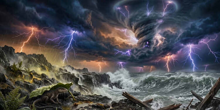 A prehistoric reptile seeks shelter under a large leaf on a jagged shoreline during a massive supercell storm with intense lightning and crashing ocean waves.