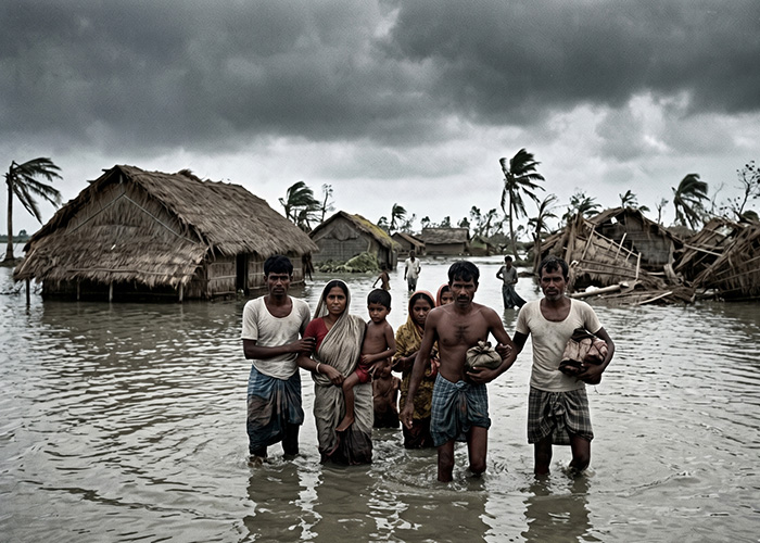 A family wades through waist-deep floodwater past destroyed thatched homes under a stormy sky.
