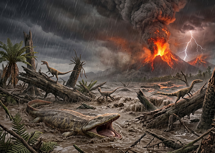 Early dinosaurs and a large archosaur navigate a flooded, muddy landscape during heavy rain and a volcanic eruption.
