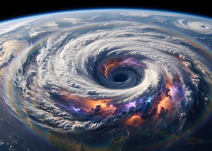 A view from space of a hurricane with a visible eye and lightning strikes, partially surrounded by a multi-colored halo over a landmass.