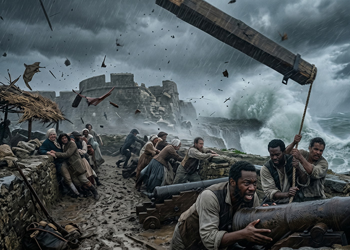 Diverse people manning a cannon at a muddy coastal fort during a storm.