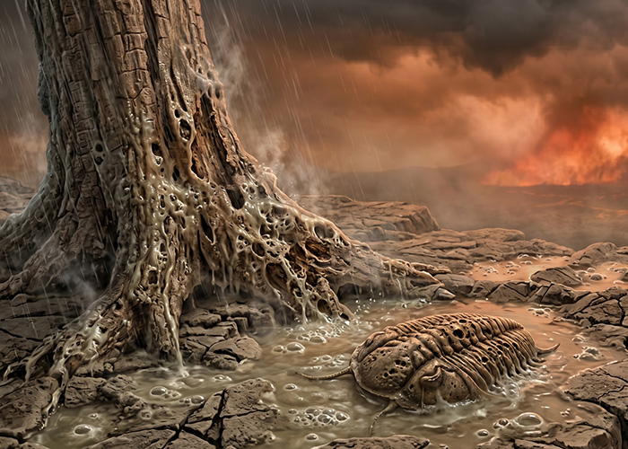 A trilobite in a puddle next to the bases of two trees as acid rain falls against a smoky, orange sky.